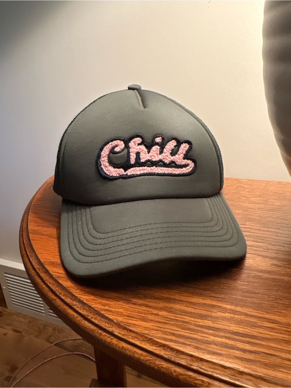Army green trucker hat pink terry chill logo one size EUC
